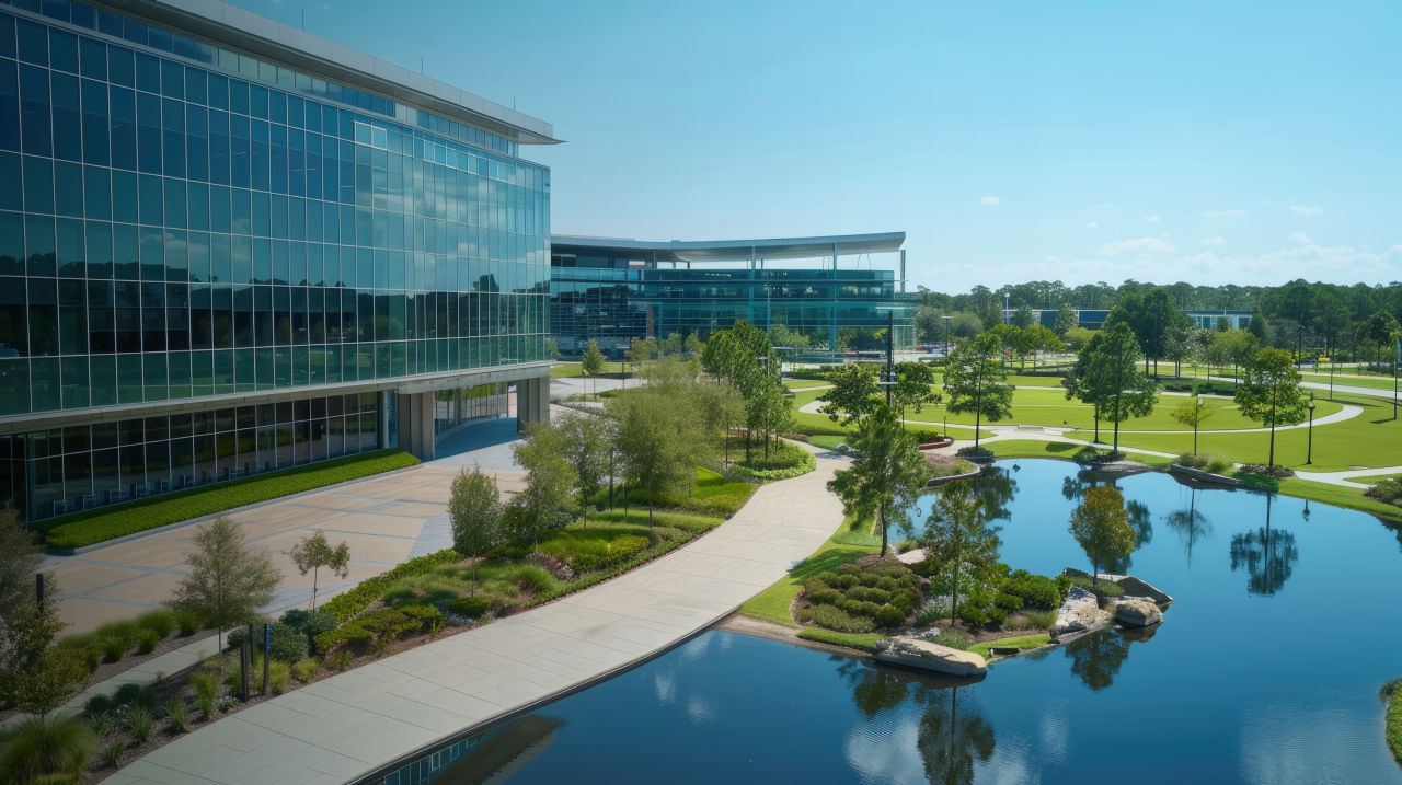 Edificio de cristal en un jardín grande